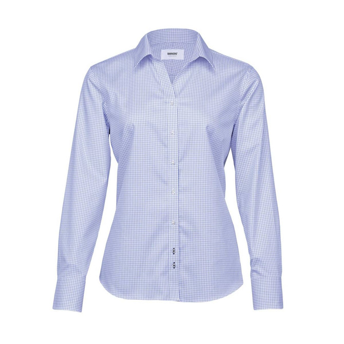 A women's button-up shirt in a blue and white check pattern with a collar and long sleeves. It features a logo.