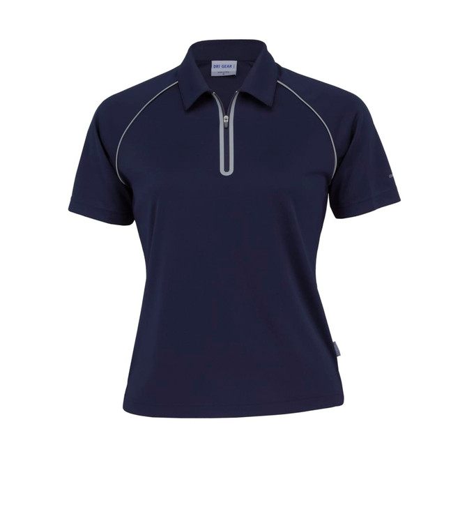 A women's navy polo shirt featuring a zippered collar and contrast stitching. The shirt includes a logo.