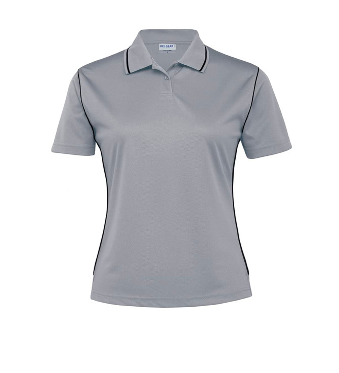 A women's polo shirt in light grey with black accents and a branding logo on the top.