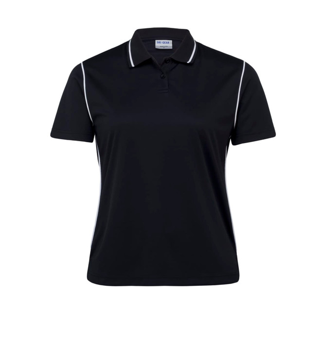 A black women's polo shirt with white piping and a brand logo on the collar.