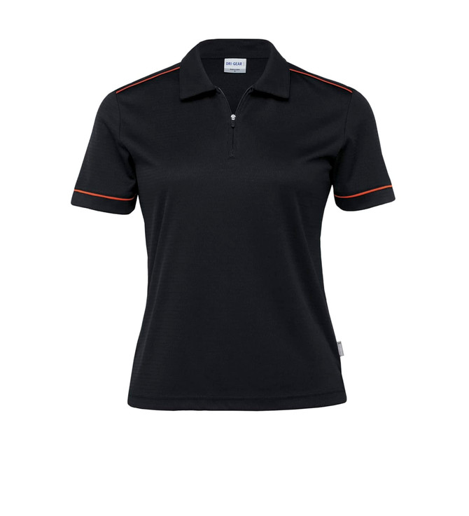 A black women's polo shirt featuring contrasting red trim and a logo on the chest.