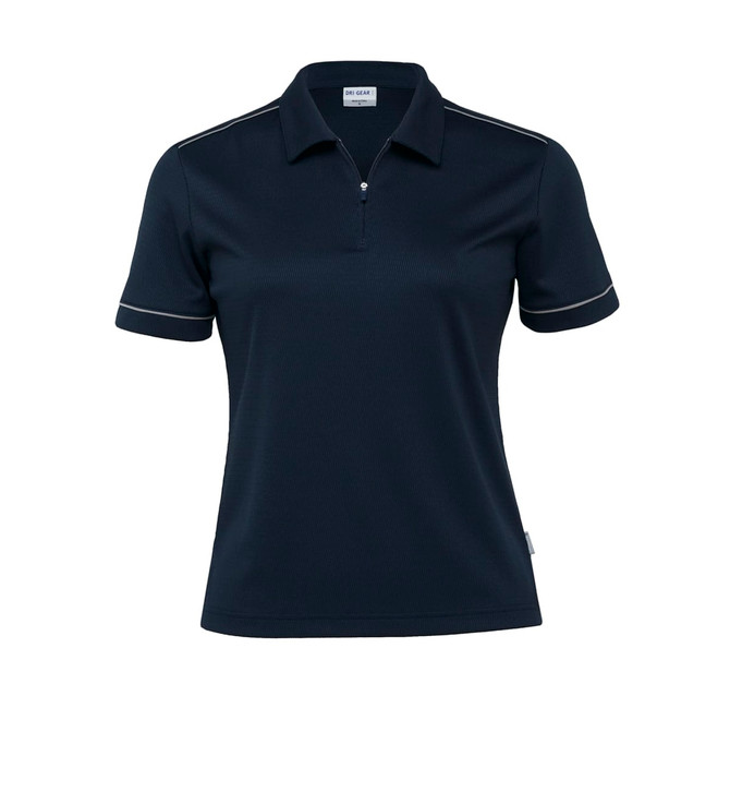 A women's polo shirt in navy blue with contrasting trim and a logo on the side.