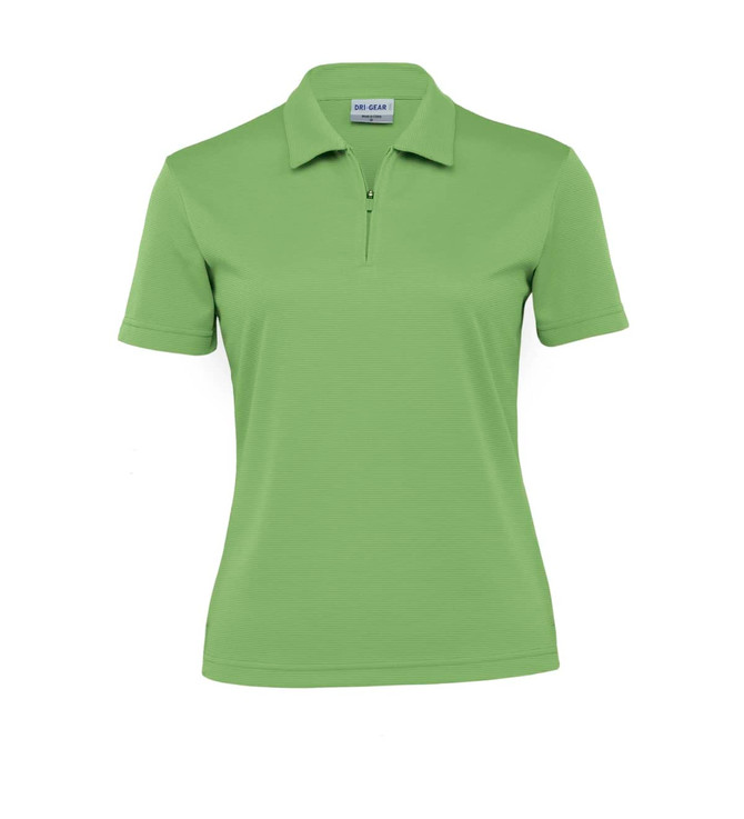 A short-sleeved women's polo shirt in light green with a zip-neck design and a logo on the chest.