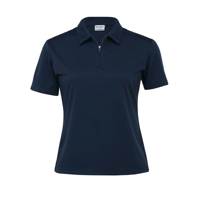 A navy blue women's polo shirt with a zip collar and short sleeves, featuring a branding logo.