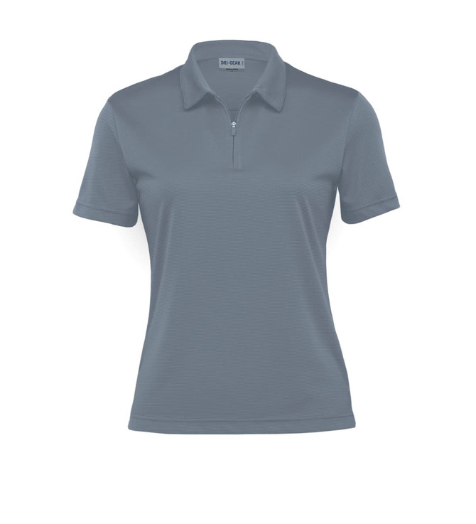 A grey women's polo shirt with a quarter zipper and a logo on the collar.