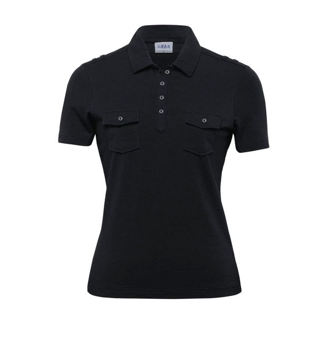 A black women's polo shirt featuring a collared neck and two chest pockets, with a logo on the label.