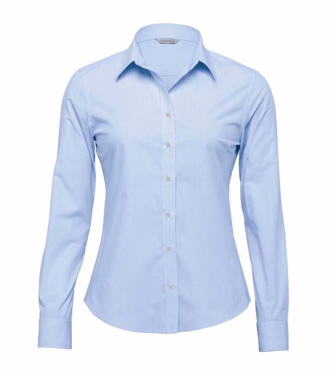 A light blue women's button-up shirt with a fitted design and long sleeves, featuring a logo on the chest.