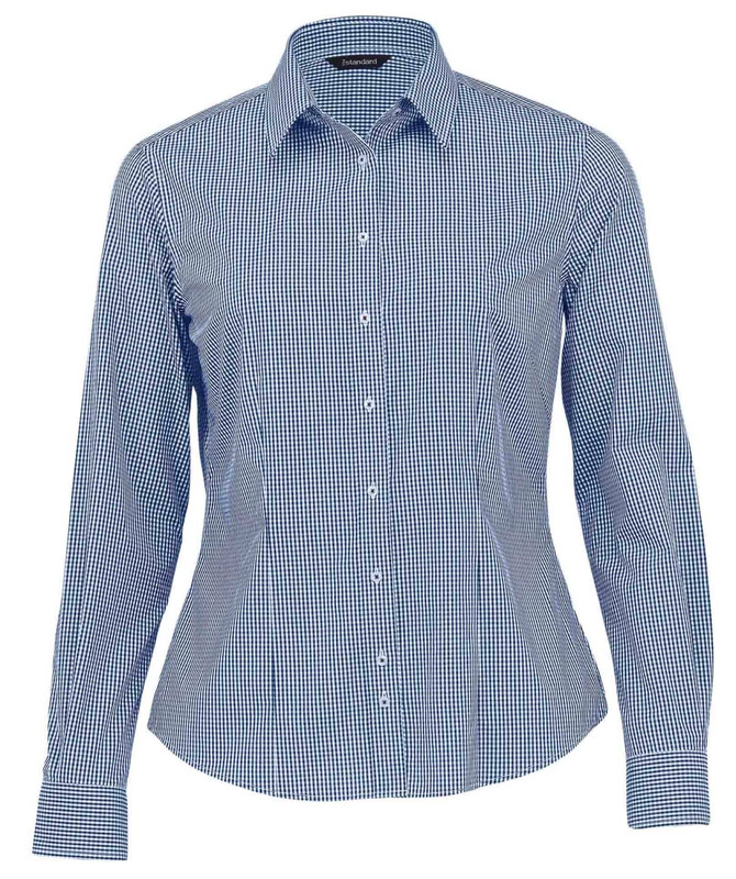 A blue and white checked button-up shirt with a collared neckline and long sleeves, featuring a logo.