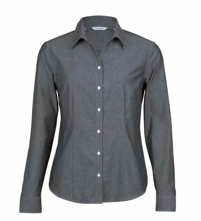 A women's button-up shirt in dark grey chambray fabric, featuring a collared neckline and long sleeves.