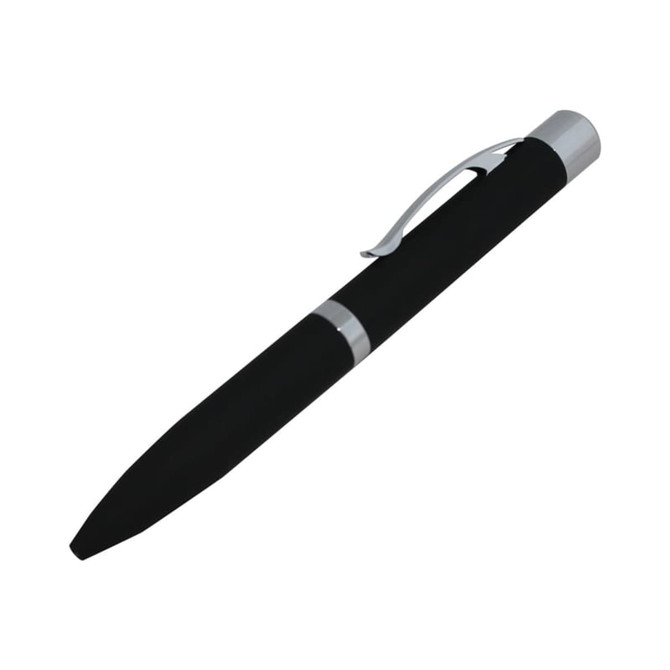 A sleek black metal pen with a silver clip and detailing, featuring a modern design.
