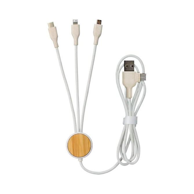 A multi-functional charging cable in white with three connectors and a wooden accent. Features a logo on the attachment.