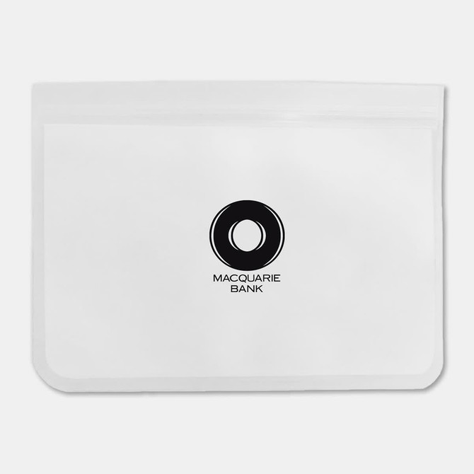 A clear, white PEVA reusable food storage bag featuring a logo, measuring 26 cm x 20 cm.