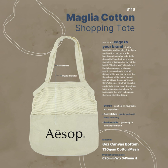A cotton shopping tote in cream with mesh panels and a logo, featuring sturdy handles and a spacious interior.