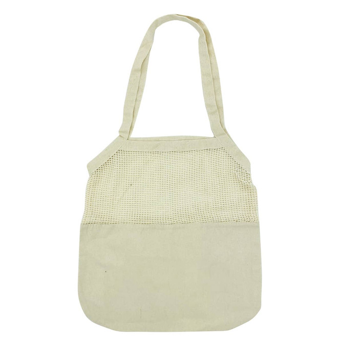 A light beige cotton shopping tote with a mesh upper section and solid lower compartment, featuring shoulder straps.