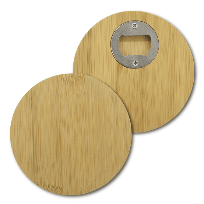 A round bamboo coaster featuring a smooth surface and a bottle opener on the underside.