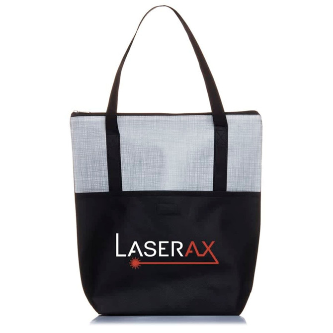 A tote bag featuring a grey crosshatch design and a black base, with a logo on the front.