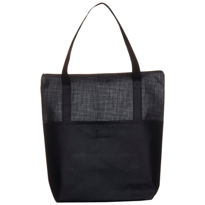 A black tote bag with a textured grey upper section and sturdy black handles, featuring a logo on the side.