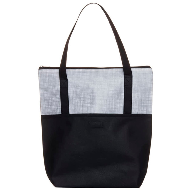 A tote bag featuring a grey crosshatch design on the top and a black bottom, with shoulder straps and a zip closure.