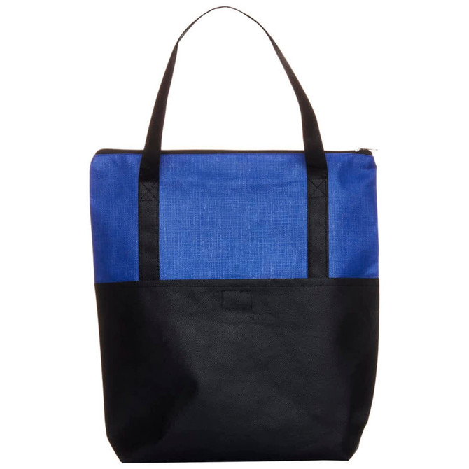 A tote bag featuring a blue top and black bottom, with two black handles and a zip closure.