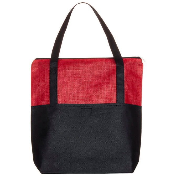 A tote bag featuring a red crosshatch design on top and a black bottom, with sturdy black handles and a zipper.