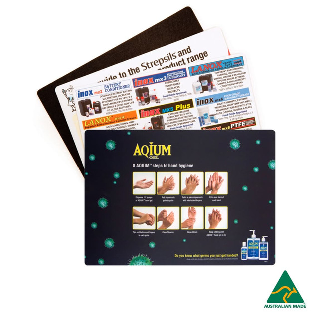 A counter mat featuring multiple designs, including hygiene steps, with a black and colourful background. It has branding.