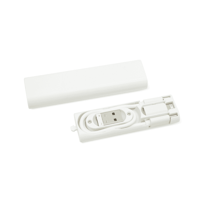 A white travel kit containing a neatly wrapped charging cable and a protective case.