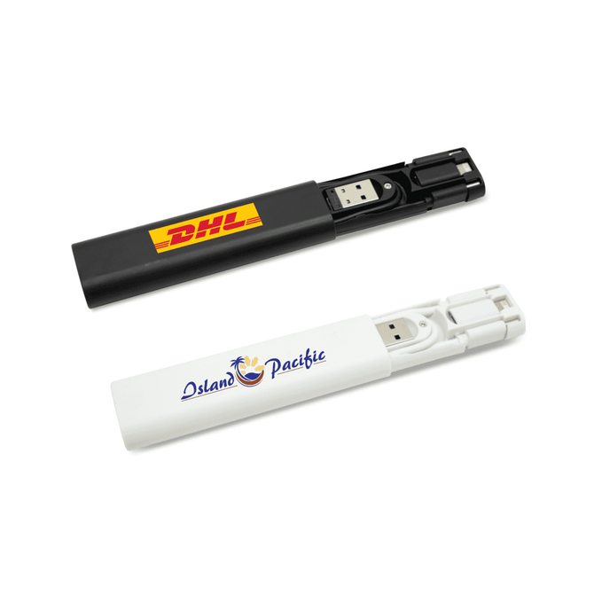 A black and white travel charging cable kit, featuring logos and compact designs for easy storage.