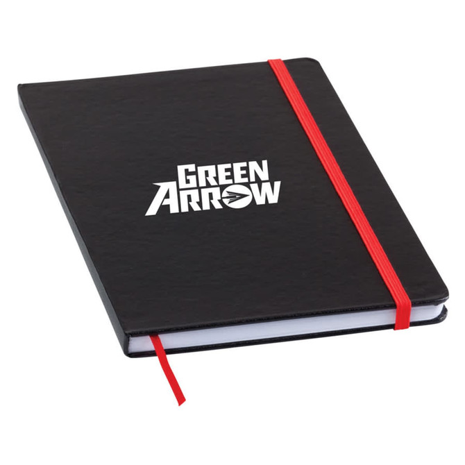 A black notebook with a red elastic band, featuring a logo on the cover and a ribbon bookmark inside.