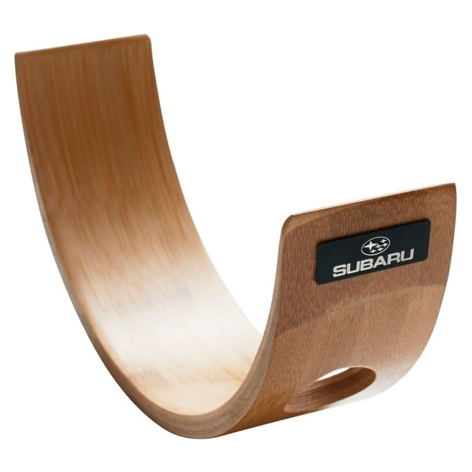 A wooden crescent-shaped wine holder with a logo, exuding a natural finish and sleek design.