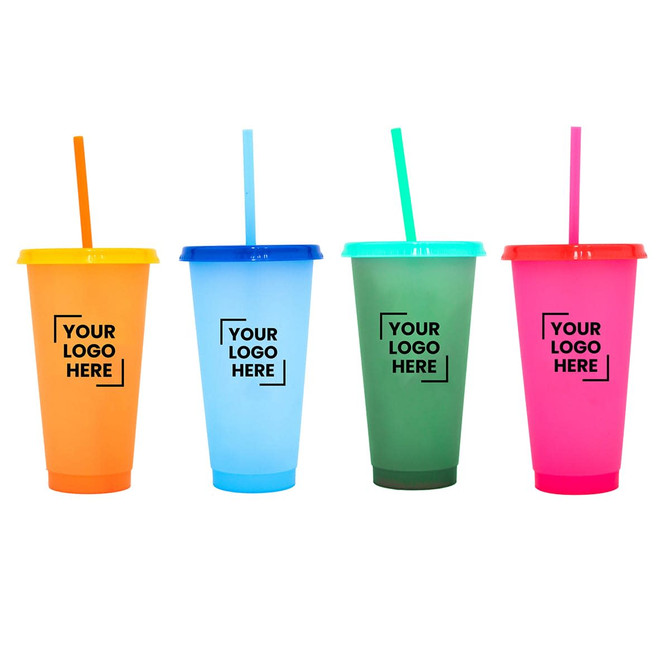 A collection of four plastic cups in orange, blue, green, and pink, each with a straw and a logo.