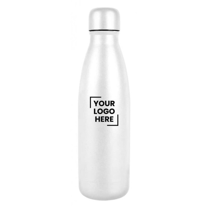 A drink bottle in silver finish, featuring a logo area, with a sleek, modern design. Holds 600ml.