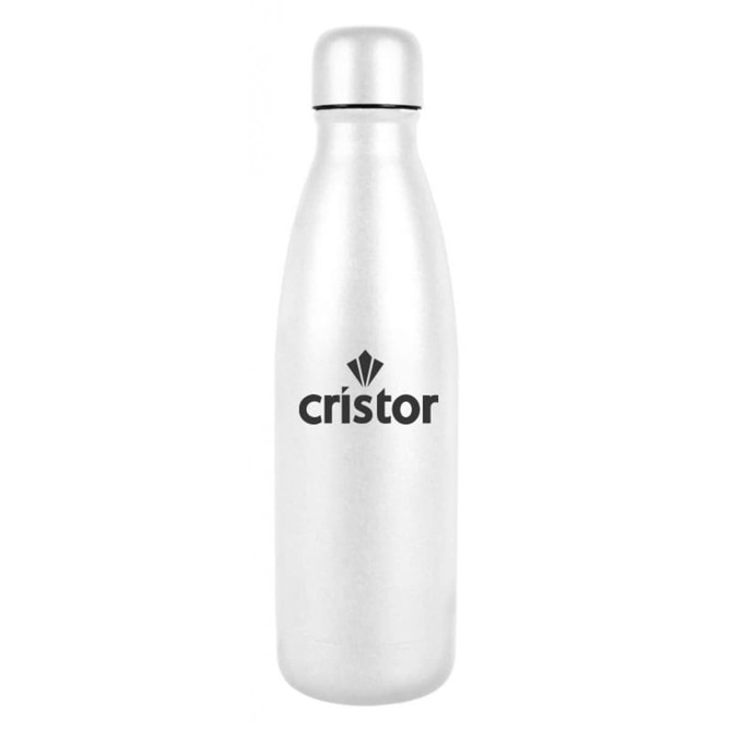 A drink bottle made of stainless steel, featuring a silver finish and a logo.