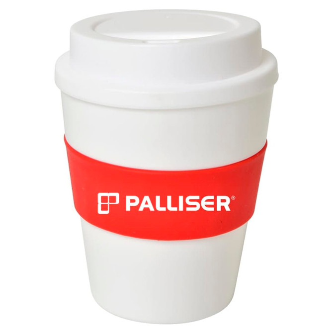 A drink bottle featuring a large white cup with a red silicone grip and a lid, branded with a logo.
