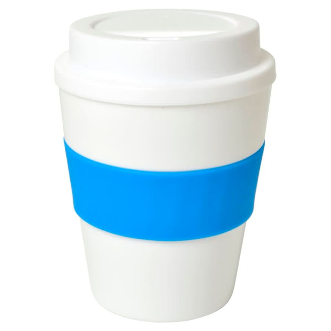 A drink bottle in white with a blue silicone grip and a matching lid, featuring a logo on the side.
