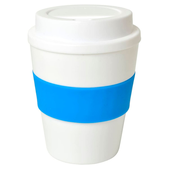 A drink bottle featuring a white body with a blue silicone band and a white lid. The product has a branding logo.