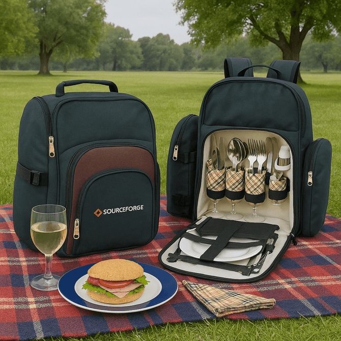 A dark green picnic backpack displaying cutlery, plates, and a sandwich on a blue plate, set on a picnic blanket.