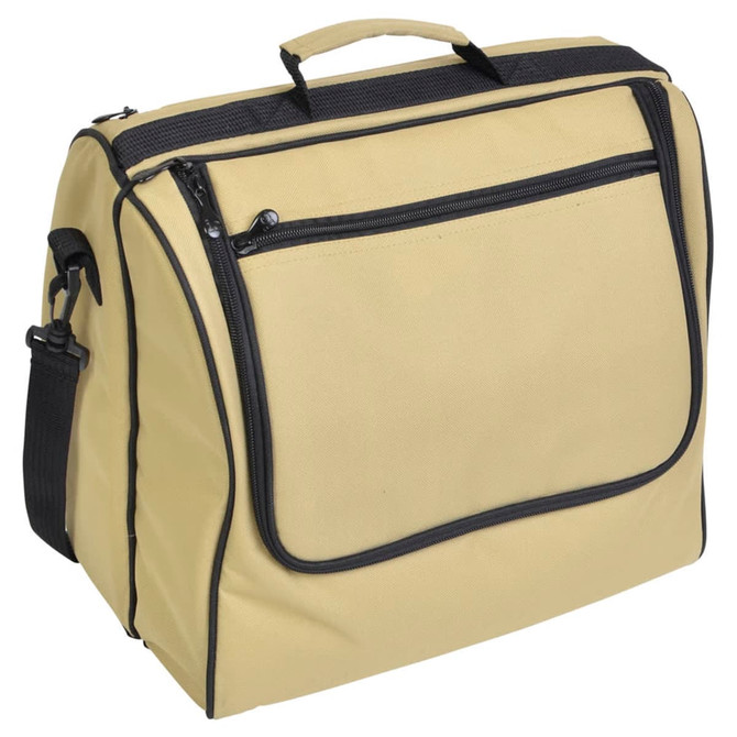A beige picnic basket with a front zipper pocket and a detachable shoulder strap. It features a logo on the side.