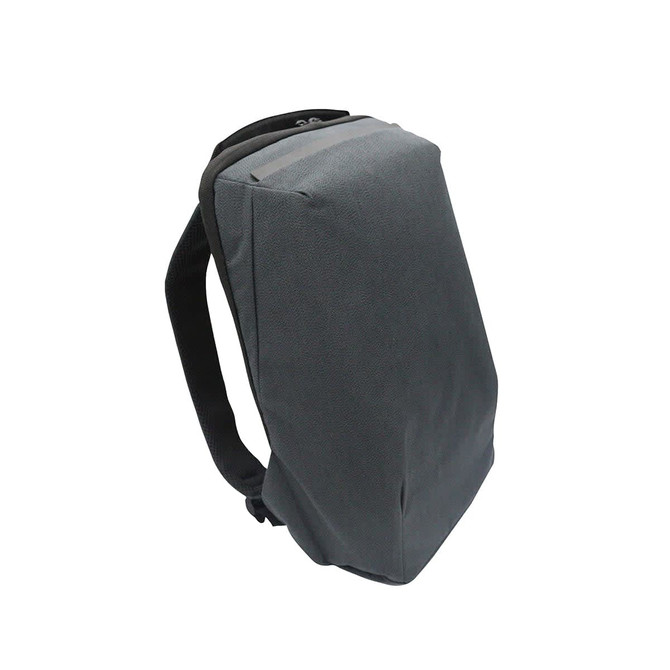 A grey computer backpack with padded straps and a sleek, modern design, featuring a logo on the front.