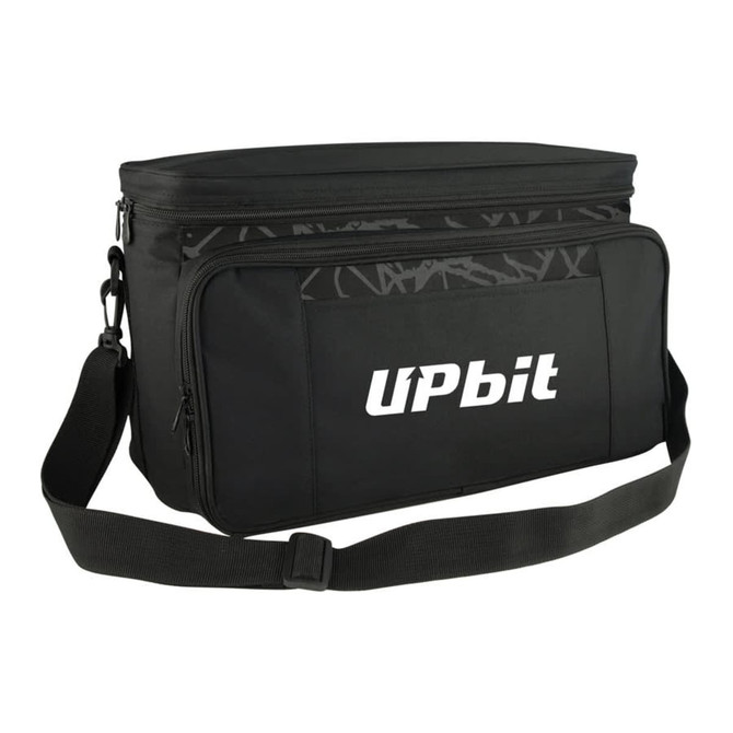 A black picnic bag with a shoulder strap and a front pocket, featuring a logo on the side.