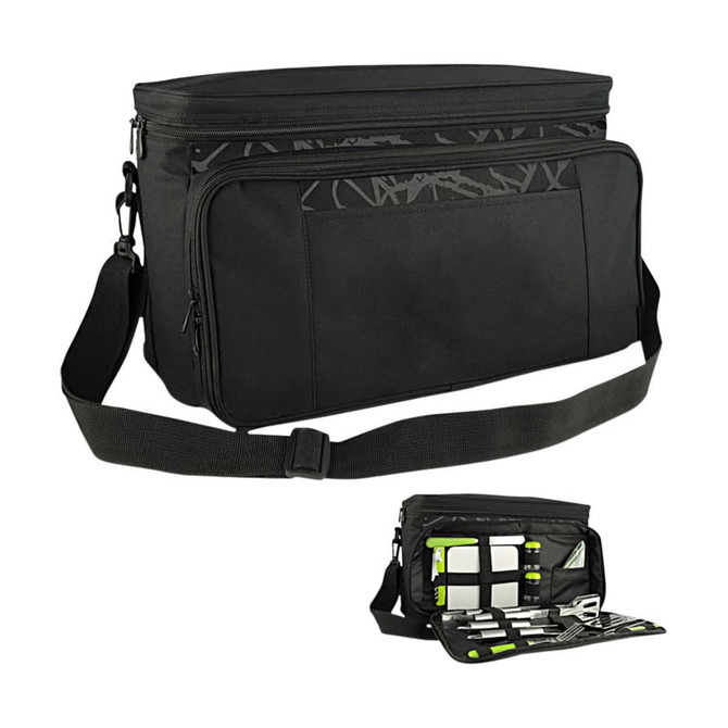 A black picnic bag featuring compartments for food and utensils, with an adjustable strap and a subtle logo.