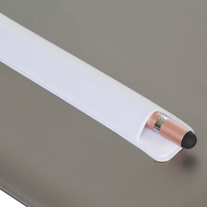 A metal pen with a rose gold finish, featuring a rubber tip, placed in a white holder on a grey surface.