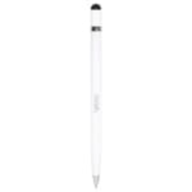 A white metal pen with a black tip and a logo on the body.