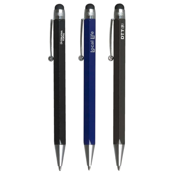 Three stylus pens in black, blue, and grey, each featuring a branding logo and a metal clip.