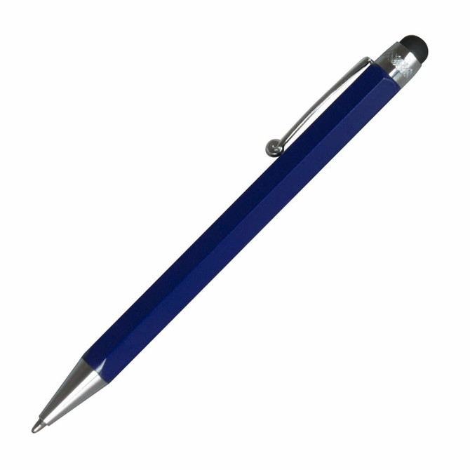 A blue stylus pen with a silver clip and a black tip for touchscreens. The pen has a textured grip and a sleek design.