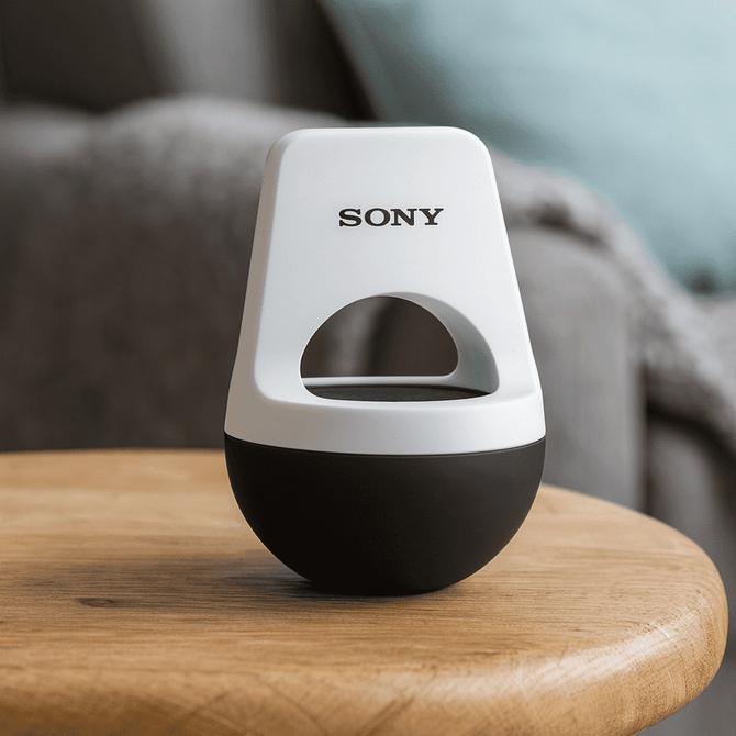 A wireless speaker in white and black, featuring a round base and a curved top, placed on a wooden surface.