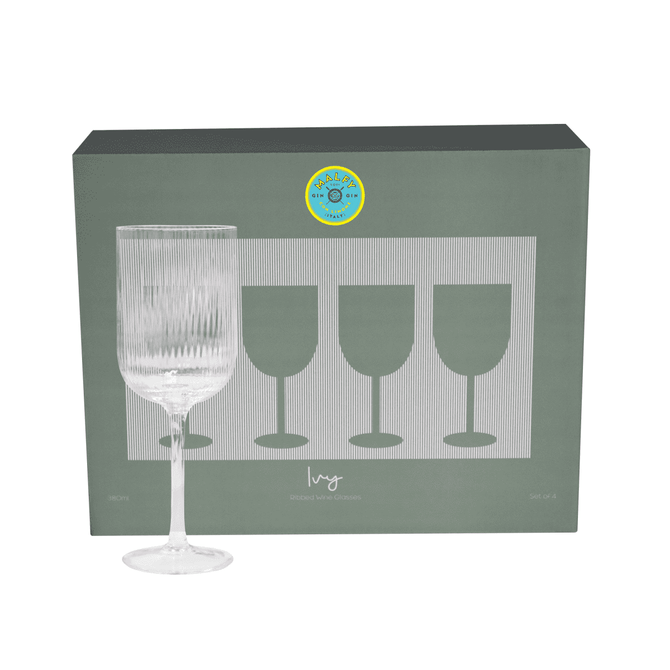 A ribbed glass wine glass with a tall stem, displayed next to its packaging featuring four glass outlines.