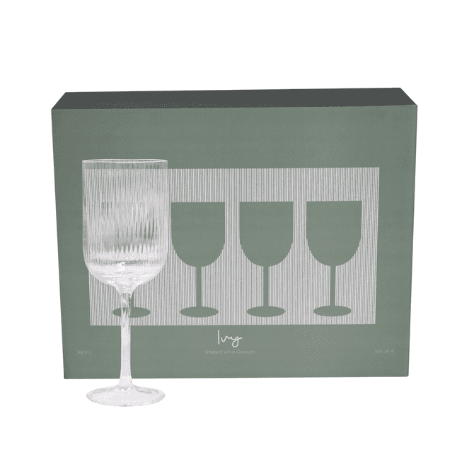 A ribbed glass wine glass in a clear finish next to a decorative green box featuring four wine glass illustrations.