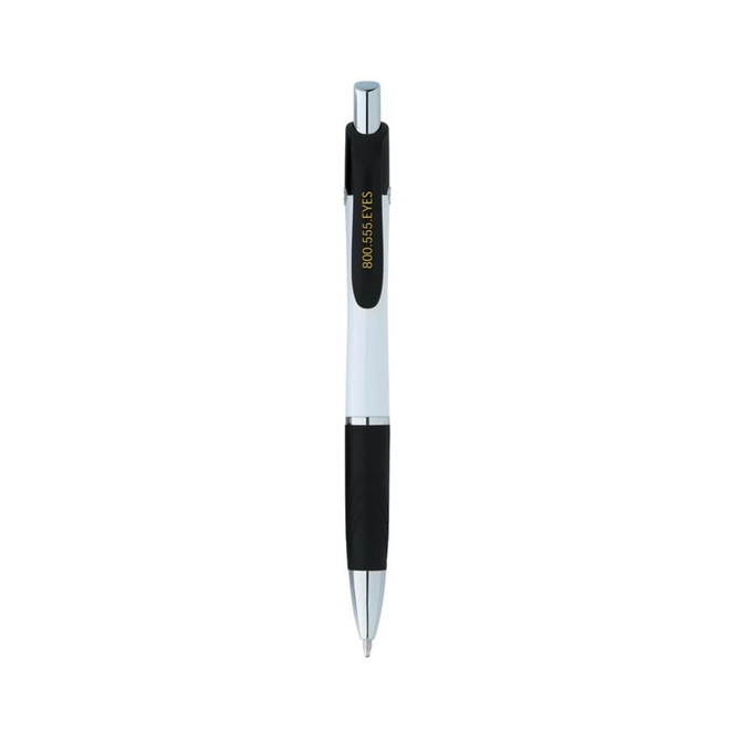 A sleek silver and black custom pen with a textured grip and a logo on the barrel.