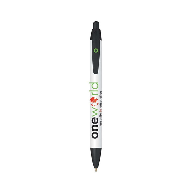 A plastic pen in white and black with a green accent, featuring a logo on its body.