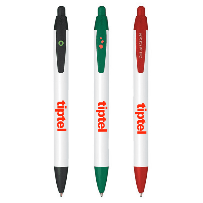 Three plastic pens in black, green, and red with white barrels and a logo.